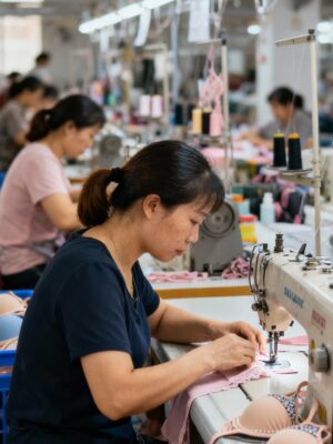 jimeng-2025-10-31-4213-专业生产女士内衣生产流水线车间，工人在各自岗位忙碌操作，缝纫机等设备有序运转，商..._2025-11-03_09-05-19